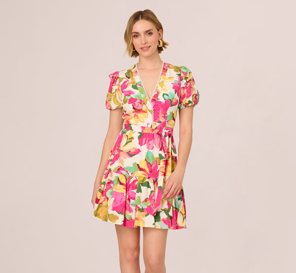 Adrianna Papell Puff Sleeve Flounce Mini Dress In White Multi