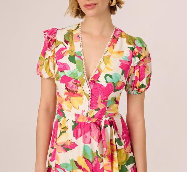 Adrianna Papell Puff Sleeve Flounce Mini Dress In White Multi