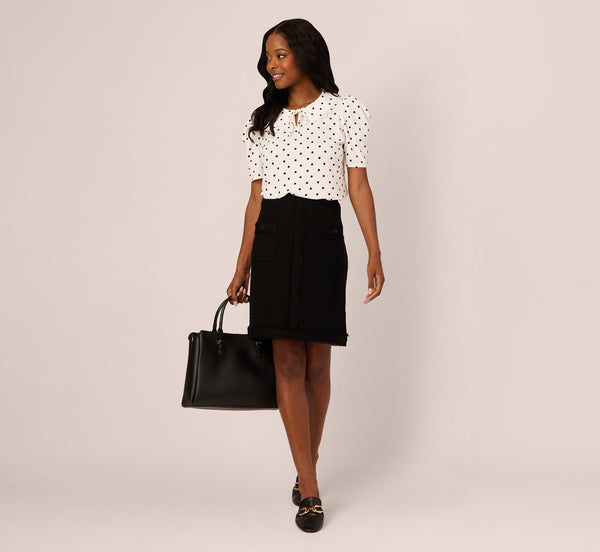 Adrianna Papell Puff Sleeve Peter Pan Collar Top In Ivory Black Timeless Dot
