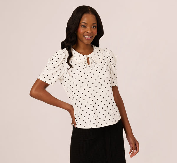 Adrianna Papell Puff Sleeve Peter Pan Collar Top In Ivory Black Timeless Dot