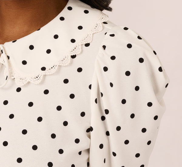 Adrianna Papell Puff Sleeve Peter Pan Collar Top In Ivory Black Timeless Dot