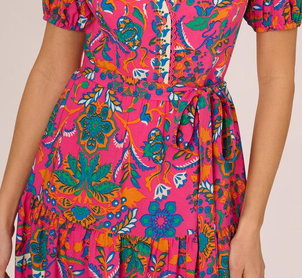Adrianna Papell Puff Sleeve Retro Printed Short Dress In Hot Pink Multi