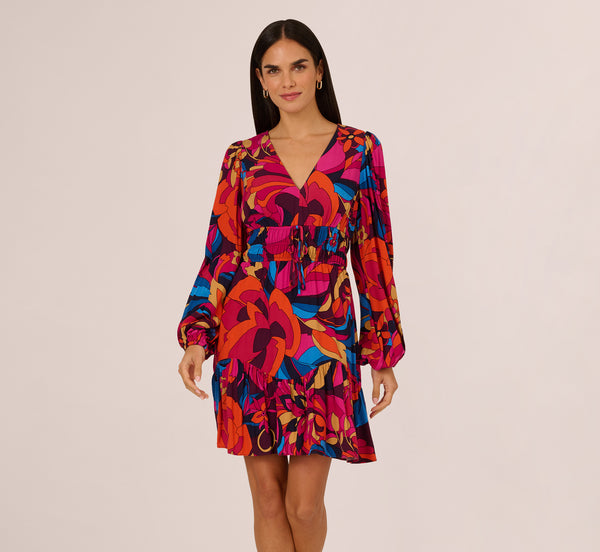 Adrianna Papell Retro Floral Print Shirred Dress With Long Bishop Sleeves In Berry Multi