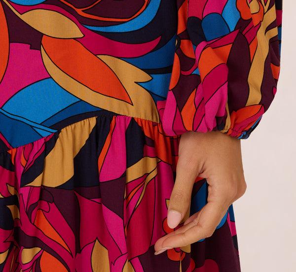 Adrianna Papell Retro Floral Print Shirred Dress With Long Bishop Sleeves In Berry Multi