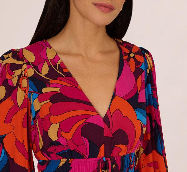 Adrianna Papell Retro Floral Print Shirred Dress With Long Bishop Sleeves In Berry Multi