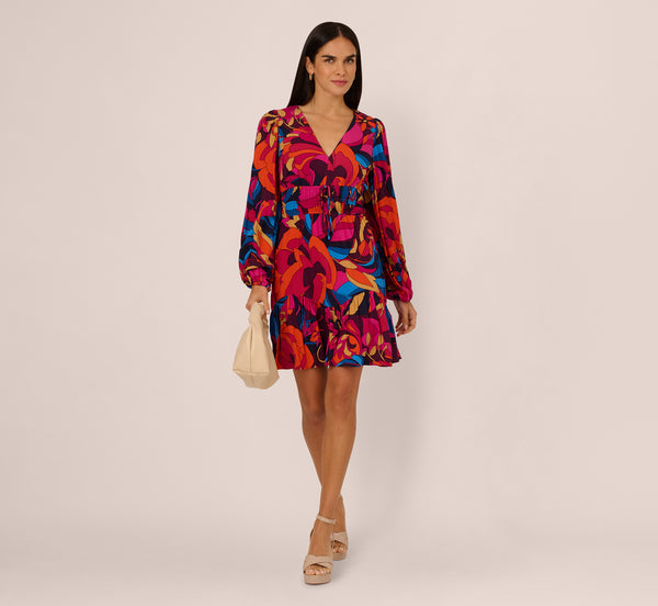 adrianna papell Retro Floral Print Shirred Dress With Long Bishop Sleeves In Berry Multi