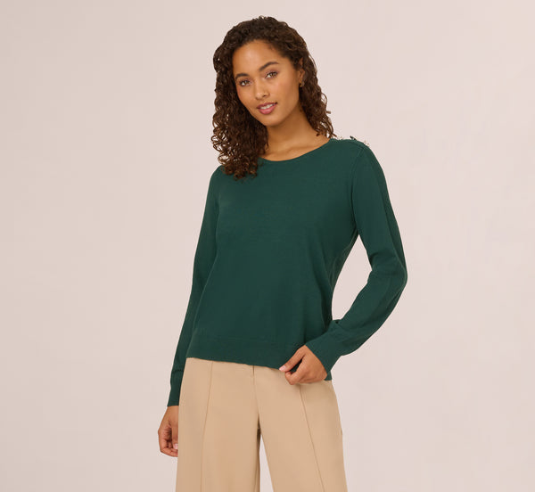 Adrianna Papell Ribbed Detail Embellished Pullover Sweater In Deep Forest