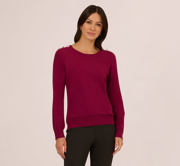 Adrianna Papell Ribbed Detail Embellished Pullover Sweater In Wine Berry