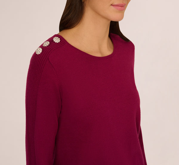 Adrianna Papell Ribbed Detail Embellished Pullover Sweater In Wine Berry
