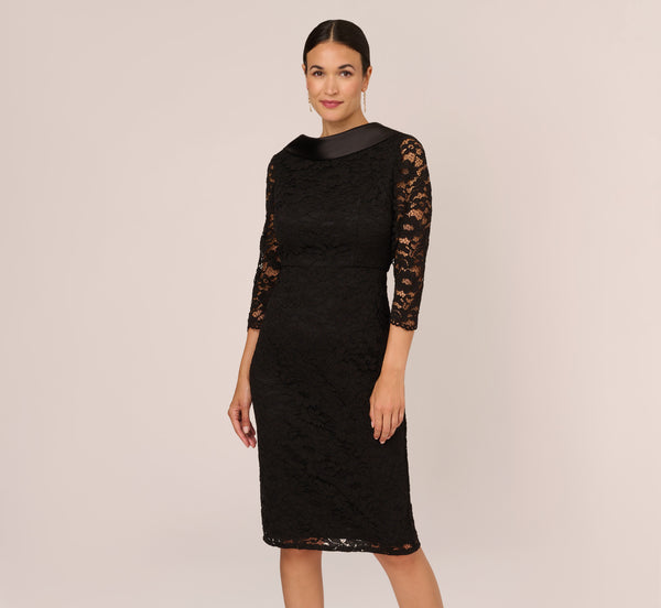 Adrianna Papell Roll Neck Lace Dress With Sheer Elbow Sleeves In Black