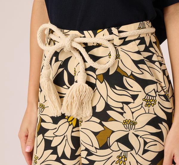 Adrianna Papell Rope Belt Floral Printed Wide Leg Pant In Black Olive Lily