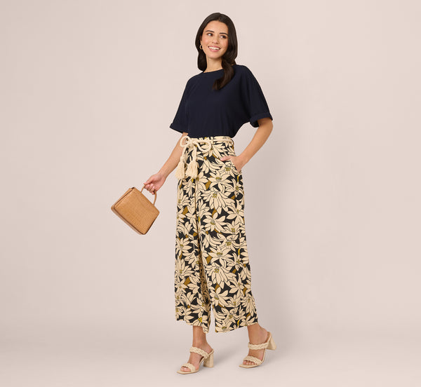 adrianna papell Rope Belt Floral Printed Wide Leg Pant In Black Olive Lily