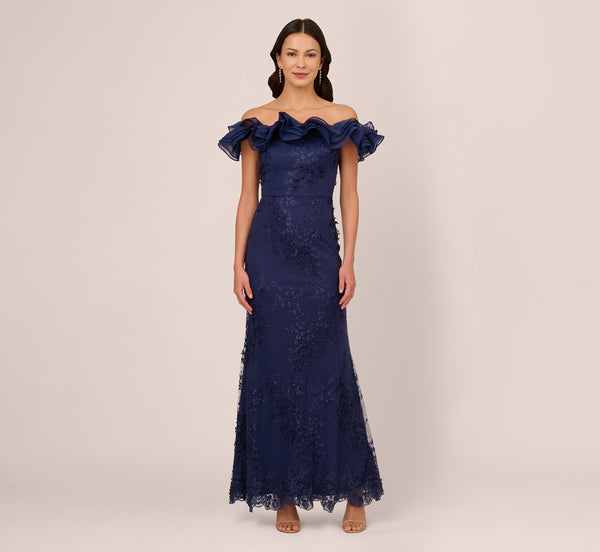 Adrianna Papell Ruffle Off The Shoulder Floral Lace Gown In Light Navy