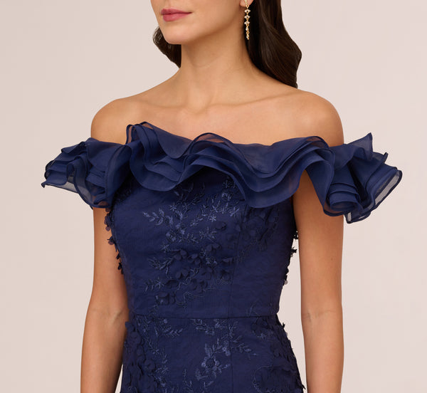 Adrianna Papell Ruffle Off The Shoulder Floral Lace Gown In Light Navy