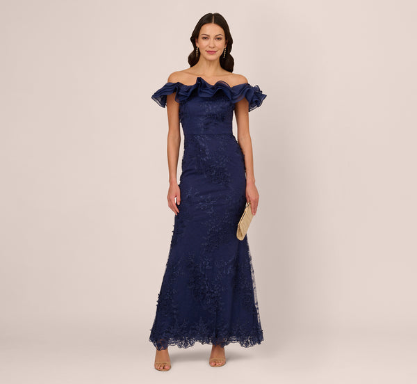 adrianna papell Ruffle Off The Shoulder Floral Lace Gown In Light Navy
