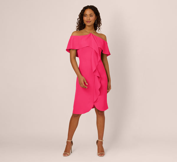 Adrianna Papell Ruffle Popover Midi Dress With Chain Halter Neckline In Electric Pink