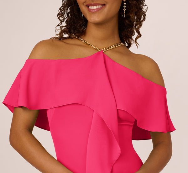 Adrianna Papell Ruffle Popover Midi Dress With Chain Halter Neckline In Electric Pink