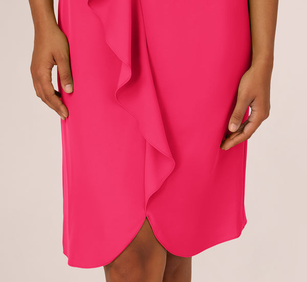 Adrianna Papell Ruffle Popover Midi Dress With Chain Halter Neckline In Electric Pink