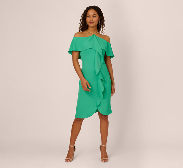 Adrianna Papell Ruffle Popover Midi Dress With Chain Halter Neckline In Flora Green