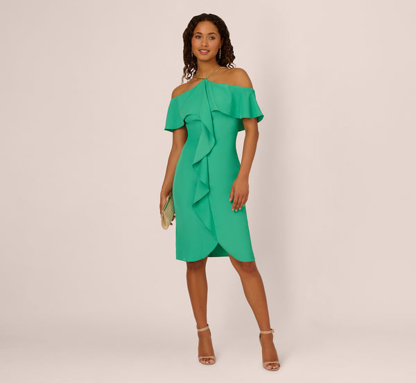 adrianna papell Ruffle Popover Midi Dress With Chain Halter Neckline In Flora Green