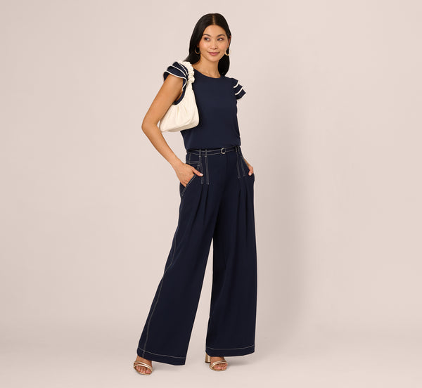 Adrianna Papell Ruffle Sleeve Contrast Trim Top In Blue Moon Ivory