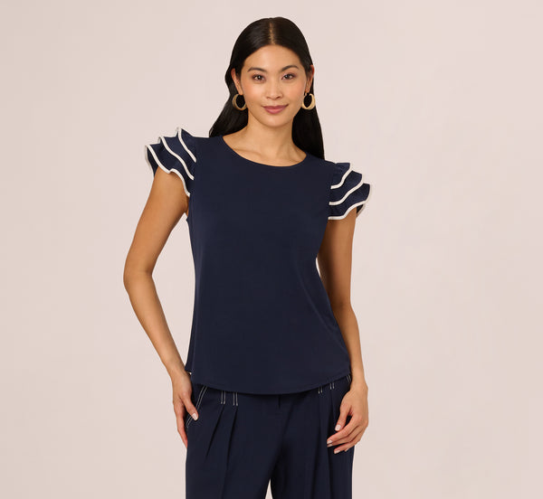 Adrianna Papell Ruffle Sleeve Contrast Trim Top In Blue Moon Ivory