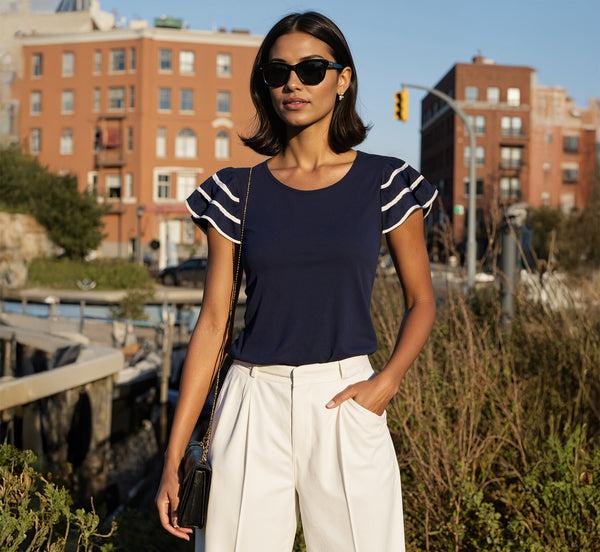 adrianna papell Ruffle Sleeve Contrast Trim Top In Blue Moon Ivory