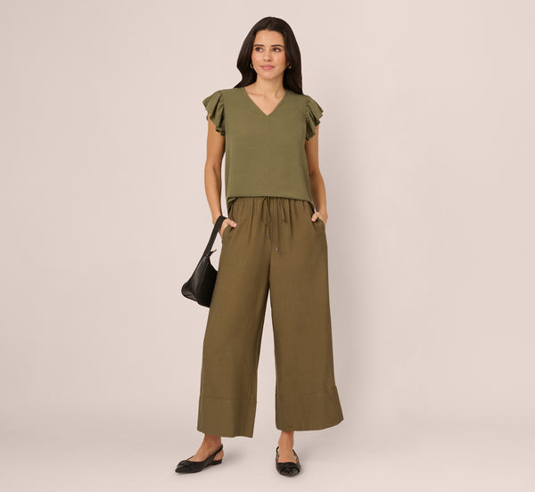 Adrianna Papell Ruffle Sleeve V Neck Satin Top In Olivine