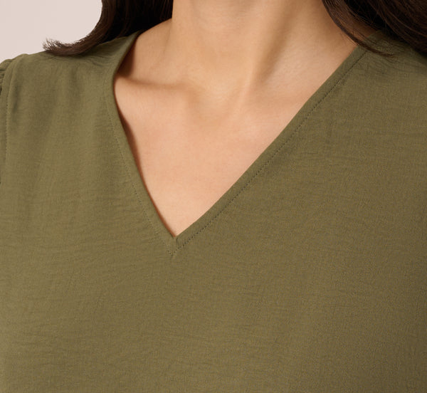 Adrianna Papell Ruffle Sleeve V Neck Satin Top In Olivine