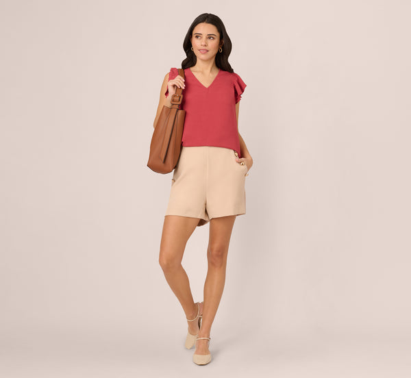 Adrianna Papell Ruffle Sleeve V Neck Satin Top In Rose