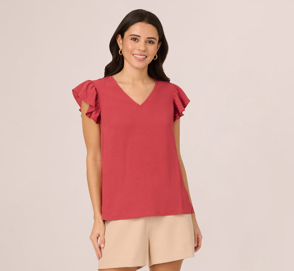 Adrianna Papell Ruffle Sleeve V Neck Satin Top In Rose