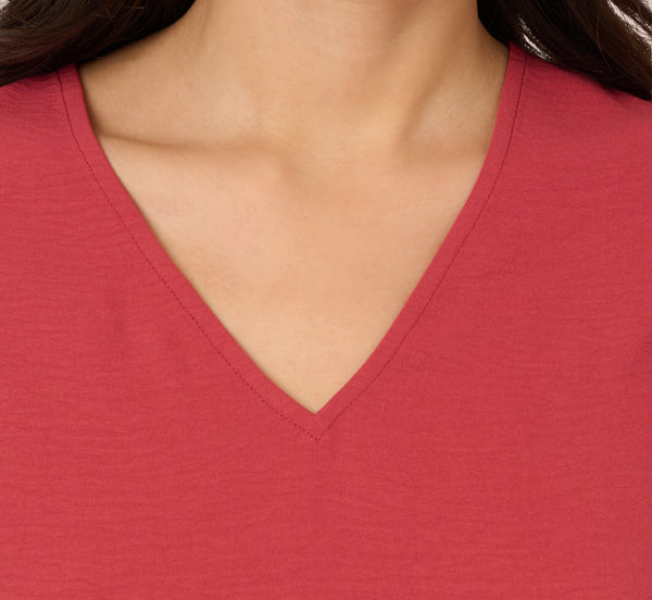 Adrianna Papell Ruffle Sleeve V Neck Satin Top In Rose