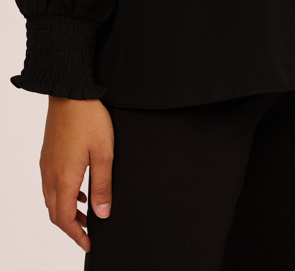 Adrianna Papell Ruffle Tie Neck Top With Smocked Long Sleeves In Black