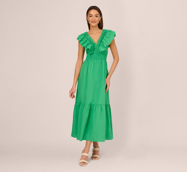 Adrianna Papell Ruffled Maxi Dress With Shirred Details In Green