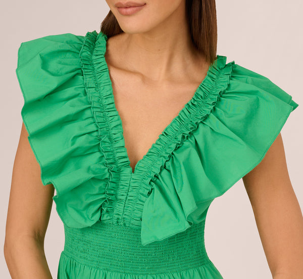 Adrianna Papell Ruffled Maxi Dress With Shirred Details In Green
