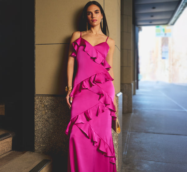 adrianna papell Satin Cascade Ruffle Slip Gown In Electric Passion