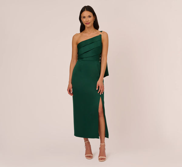 Adrianna Papell Satin Crepe One Shoulder Gown With Metal Ring Accent In Deep Forest