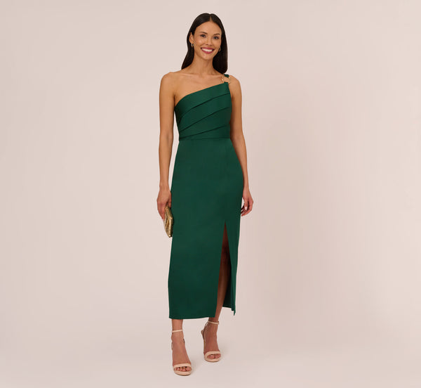 Adrianna Papell Satin Crepe One Shoulder Gown With Metal Ring Accent In Deep Forest
