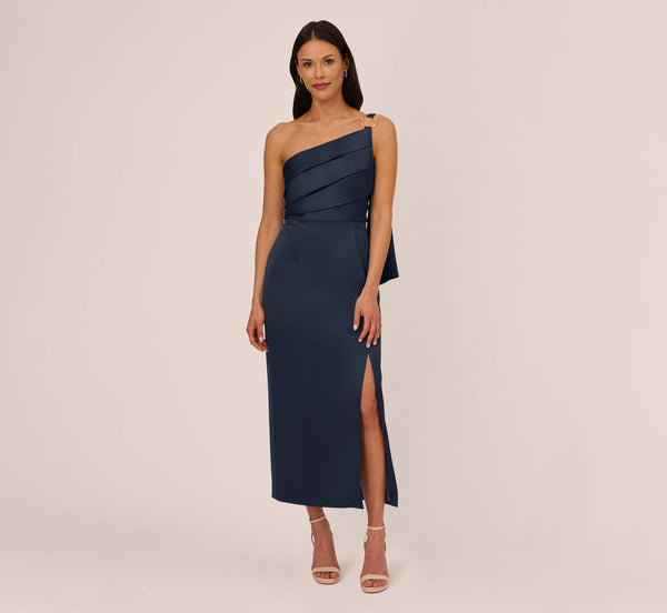 Adrianna Papell Satin Crepe One Shoulder Gown With Metal Ring Accent In Dark Navy