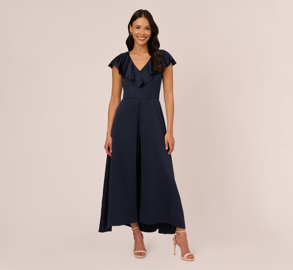 Adrianna Papell Satin Crepe Ruffled Cropped Jumpsuit In Dark Navy