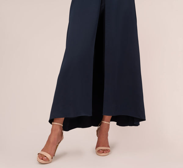 Adrianna Papell Satin Crepe Ruffled Cropped Jumpsuit In Dark Navy