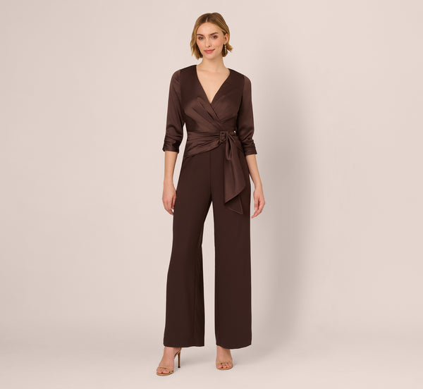 Adrianna Papell Satin Crepe Three Quarter Sleeve Jumpsuit With Buckle Waist In Dark Brown