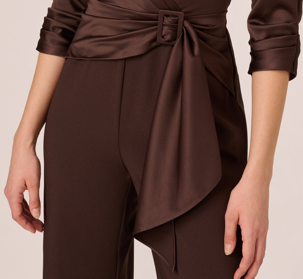 Adrianna Papell Satin Crepe Three Quarter Sleeve Jumpsuit With Buckle Waist In Dark Brown