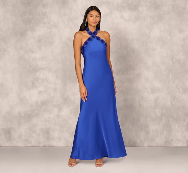 Adrianna Papell Satin Floral Beaded Halter Mermaid Gown In Deep Sapphire