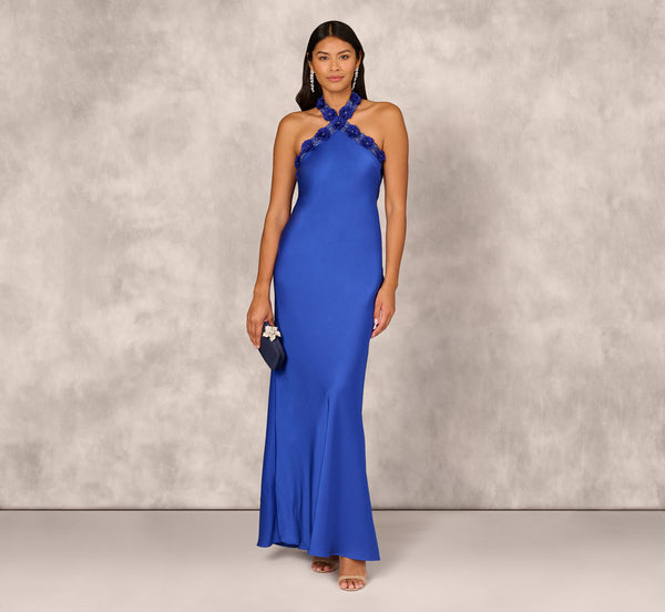 adrianna papell Satin Floral Beaded Halter Mermaid Gown In Deep Sapphire