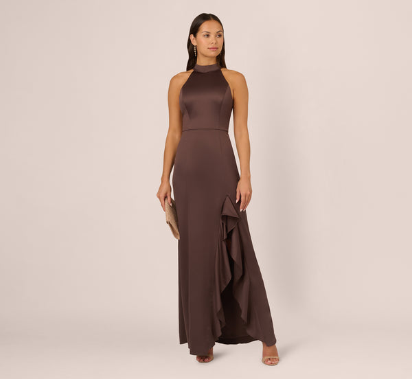 Adrianna Papell Satin Halter Mermaid Gown With Ruffle Trim In Dark Brown