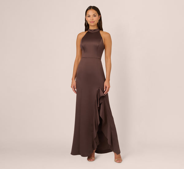 Adrianna Papell Satin Halter Mermaid Gown With Ruffle Trim In Dark Brown
