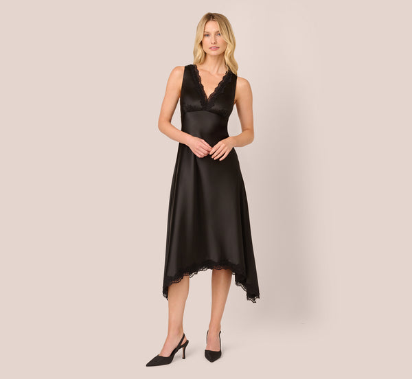 Adrianna Papell Satin Lace Midi Slip Dress In Black