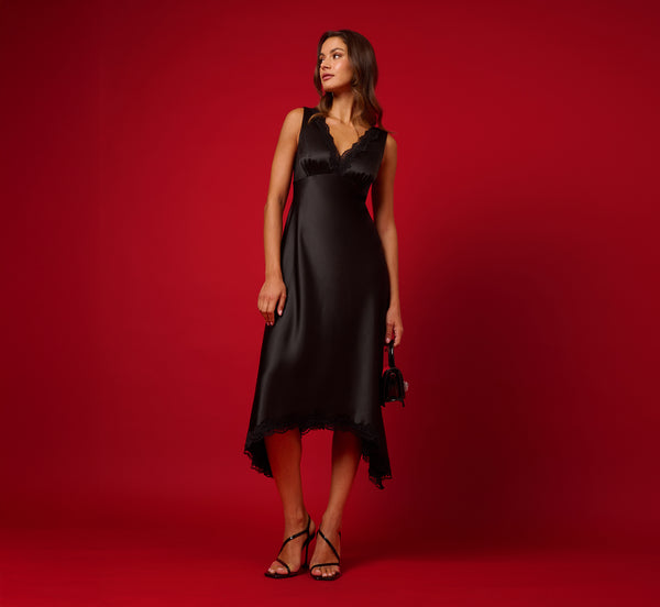 adrianna papell Satin Lace Midi Slip Dress In Black