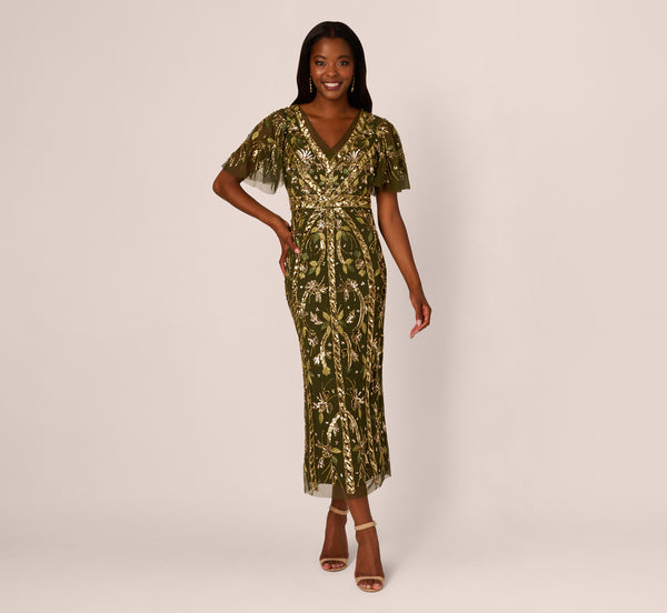 Adrianna Papell Sequin Beaded Ankle Length Dress With Flutter Sleeves In Olive